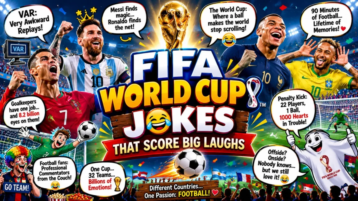 FIFA World Cup jokes poster with famous footballers, trophy, stadium lights, fans, and comic-style soccer humor.