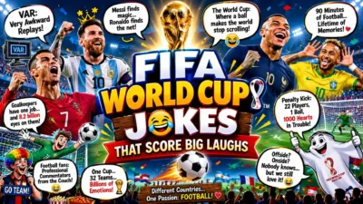 FIFA World Cup jokes poster with famous footballers, trophy, stadium lights, fans, and comic-style soccer humor.