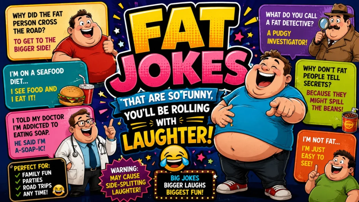 Funny fat jokes poster with colorful comic characters, humorous speech bubbles, and playful illustrations.