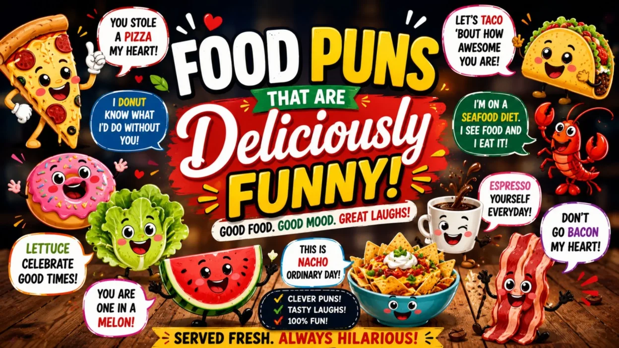 Food puns poster with cute pizza, taco, donut, lettuce, watermelon, coffee, bacon, and playful cartoon humor.