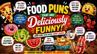 Food puns poster with cute pizza, taco, donut, lettuce, watermelon, coffee, bacon, and playful cartoon humor.