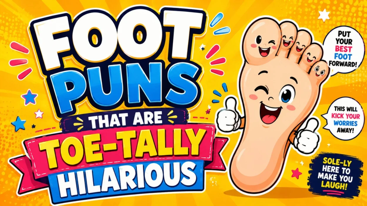 Colorful foot puns graphic with bold text and a cheerful cartoon foot on a bright yellow background.