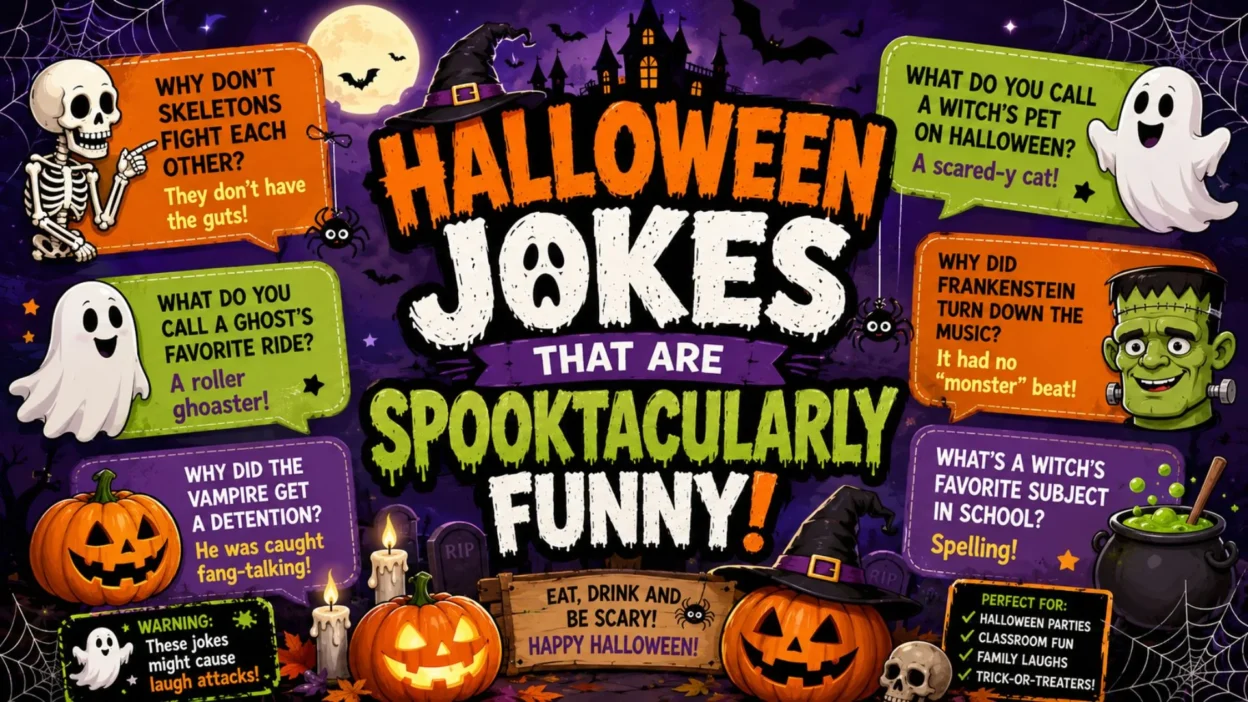 Funny Halloween jokes poster with ghosts, pumpkins, skeletons, and spooky cartoon illustrations.
