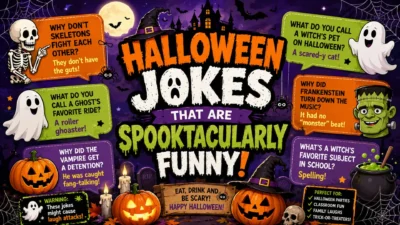 Funny Halloween jokes poster with ghosts, pumpkins, skeletons, and spooky cartoon illustrations.