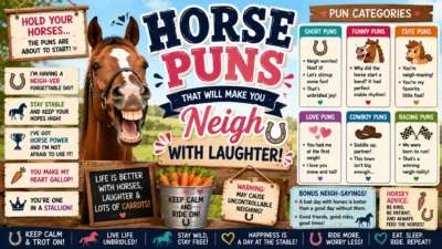 Funny horse puns poster with a smiling horse, carrots, horseshoes, colourful signs, and bold neigh-themed text.
