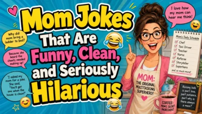 Funny clean mom jokes image with hilarious mother humor and playful family laughter 😂