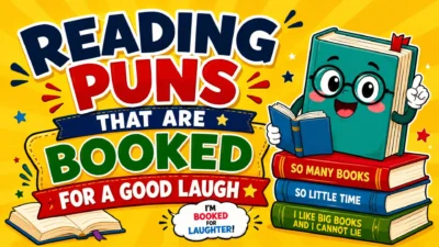Colorful reading puns graphic with bold text, stacked books, and a cheerful cartoon book on a yellow background.