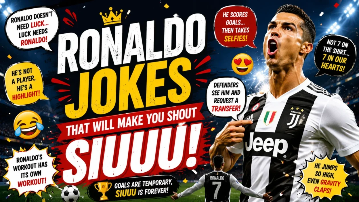Ronaldo jokes poster with Cristiano Ronaldo, stadium lights, football graphics, and a bold SIUUU title.