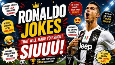 Ronaldo jokes poster with Cristiano Ronaldo, stadium lights, football graphics, and a bold SIUUU title.