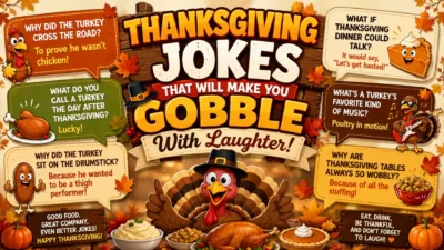 Funny Thanksgiving jokes poster with cartoon turkey, autumn leaves, festive food, and humorous holiday puns.