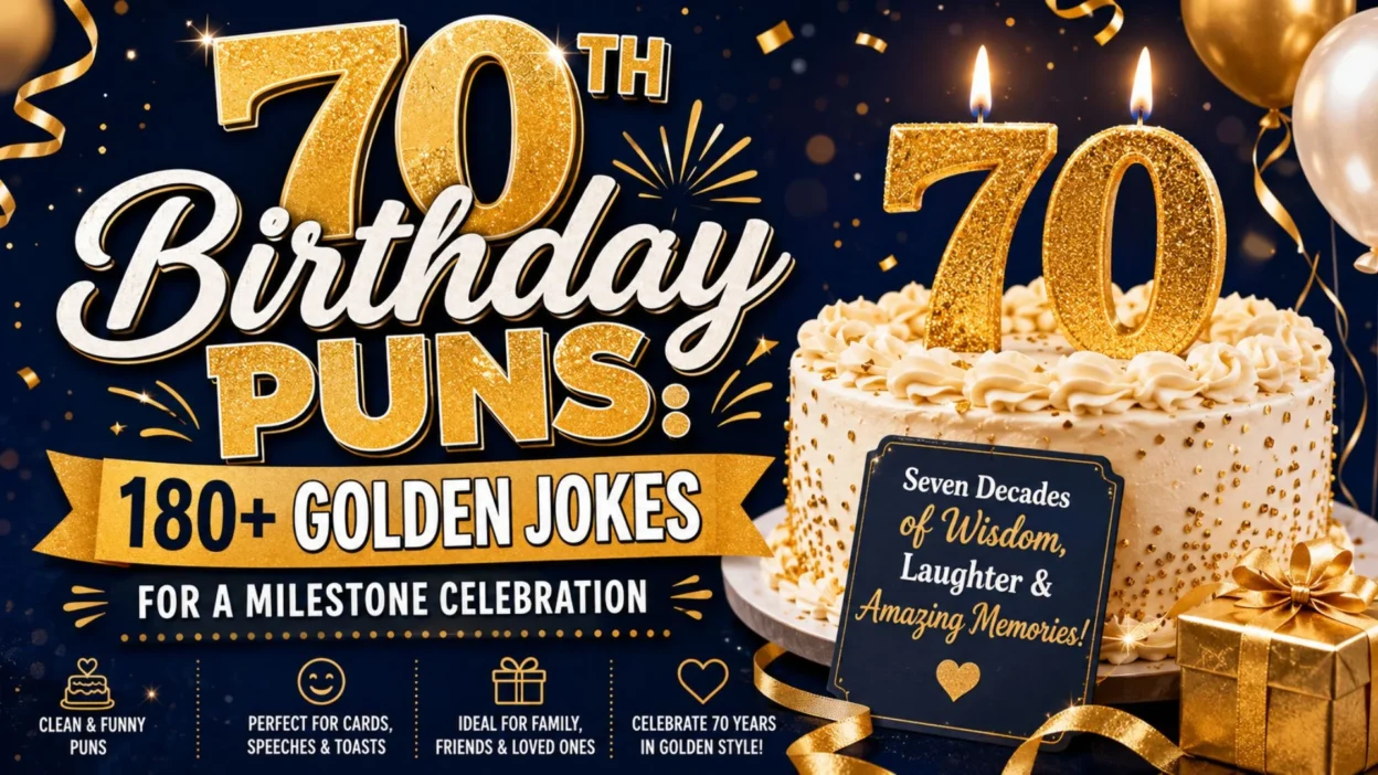 70th birthday puns image with gold cake, number 70 candles, balloons, gifts, and milestone celebration text.