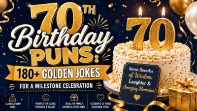 70th birthday puns image with gold cake, number 70 candles, balloons, gifts, and milestone celebration text.