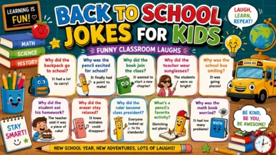Back to school jokes for kids poster with classroom supplies, school bus, books, pencils, and funny kid-friendly jokes.
