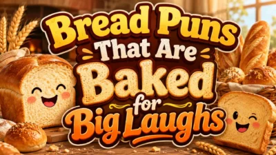Bread puns poster with smiling loaves, bakery bread, wheat, and bold text saying Baked for Big Laughs.