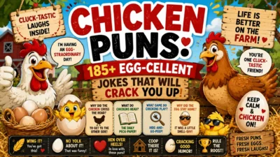Chicken puns poster with cheerful hens, chicks, eggs, farm signs, and 185+ egg-cellent jokes that crack you up.