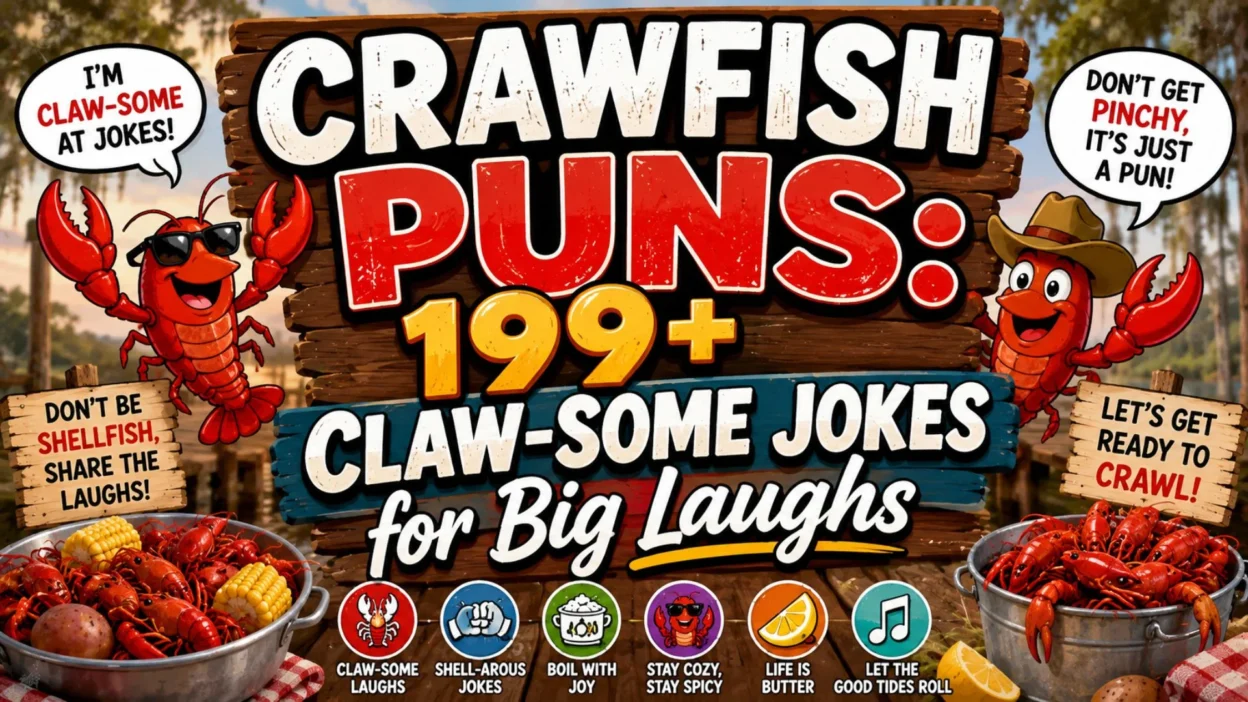Crawfish puns poster with smiling crawfish, seafood boil pots, bayou scenery, and bold claw-some jokes.