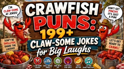 Crawfish puns poster with smiling crawfish, seafood boil pots, bayou scenery, and bold claw-some jokes.