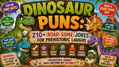 Dinosaur puns poster with T. rex, Triceratops, fossils, volcano, and 210+ roar-some prehistoric jokes.