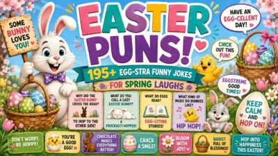 Easter puns poster with cheerful bunnies, colorful eggs, chicks, spring flowers, and 195+ egg-stra funny jokes.