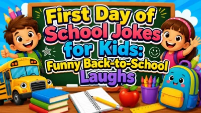 First day of school jokes for kids image with smiling children, school bus, books, backpack, apple, and colorful supplies.