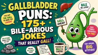 Gallbladder puns poster with a smiling gallbladder, liver, gallstones, medical humor, and 175+ bile-arious jokes.