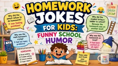 Homework jokes for kids with funny school humor, pencils, books, math, and a cheerful student studying.