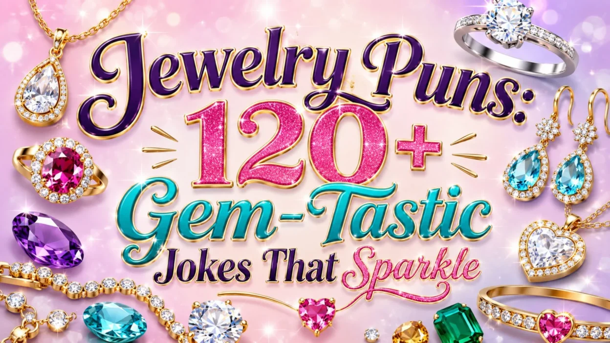 Jewelry puns poster with sparkling diamonds, rings, necklaces, earrings, bracelets, and 120+ gem-tastic jokes.