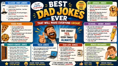 Colourful best dad jokes poster with a laughing father, funny categories, playful cartoons, and groan-worthy one-liners.