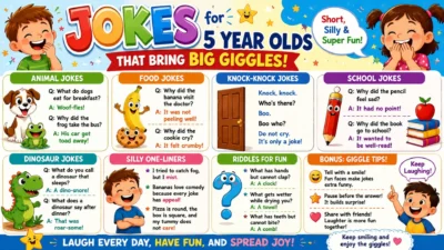 Colourful jokes for 5 year olds poster with laughing children, animals, dinosaurs, riddles, food, and school humour.