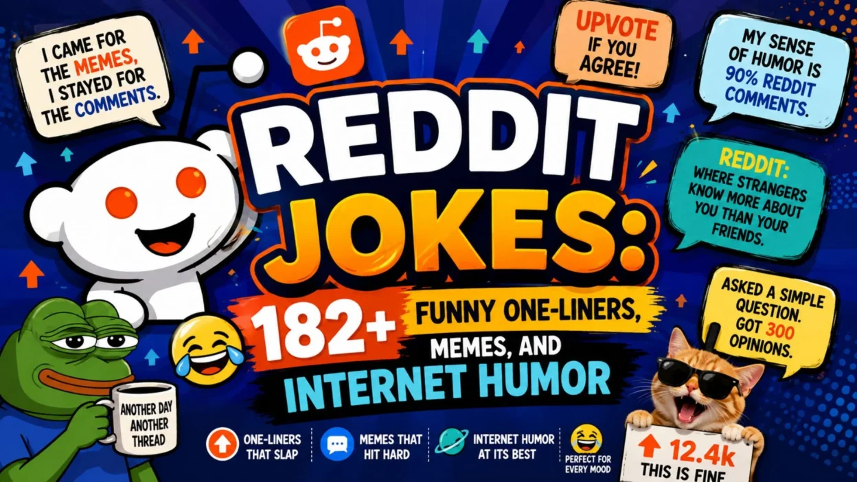 Reddit jokes poster with Snoo, memes, upvotes, funny speech bubbles, and 182+ internet humor one-liners.