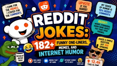 Reddit jokes poster with Snoo, memes, upvotes, funny speech bubbles, and 182+ internet humor one-liners.
