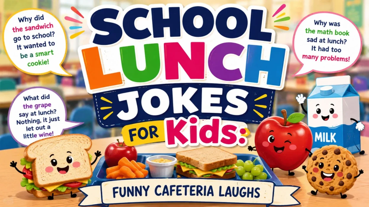 **Alt Text:** School lunch jokes for kids with funny cafeteria food characters, sandwiches, milk, apples, and playful lunch humor.