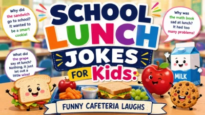**Alt Text:** School lunch jokes for kids with funny cafeteria food characters, sandwiches, milk, apples, and playful lunch humor.