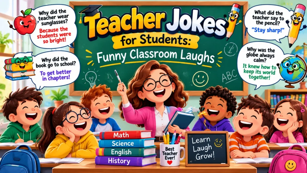 Teacher jokes for students image with a smiling teacher, laughing kids, chalkboard, books, pencils, and classroom humor.