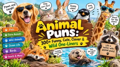 Animal puns banner with cute dogs, cats, rabbits, giraffes, penguins, and funny one-liners for animal lovers.