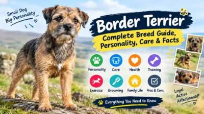 Border Terrier breed guide featuring a wiry-coated dog, personality, care, health, training, grooming, and exercise.