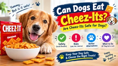 Can dogs eat Cheez-Its? A dog beside Cheez-It crackers with safety tips and healthier treat alternatives.