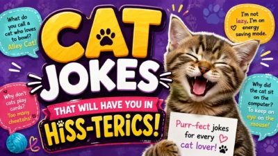 Funny cat jokes graphic featuring a laughing cat, playful puns, and hilarious jokes for cat lovers.