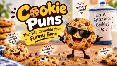 Funny cookie puns image with chocolate chip cookies, milk, and playful text