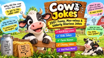 Cow jokes banner with funny cows, farm scenery, speech bubbles, and 250+ moo-velous hilarious jokes.