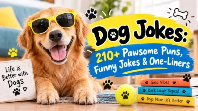 Dog jokes banner with a happy golden retriever, pawsome puns, funny jokes, and playful one-liners.