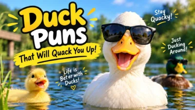 Duck puns thumbnail featuring a funny duck in sunglasses, duckling, and playful quack-themed text