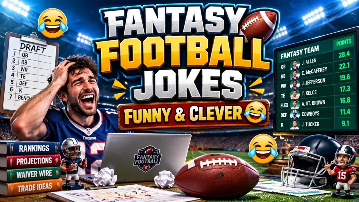 Fantasy football jokes graphic featuring a funny manager, football stadium, draft board, and fantasy league elements.