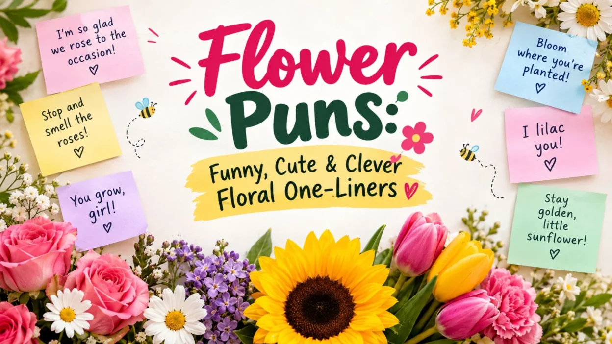 Funny, cute, and clever flower puns with colorful floral illustrations and blooming one-liners.