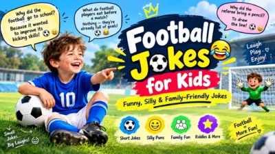 Football jokes for kids featuring funny soccer humor, silly puns, and family-friendly laughs.