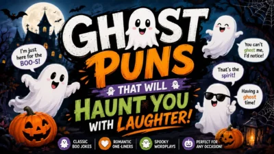 Funny ghost puns graphic with cute ghosts, pumpkins, bats, and spooky Halloween decorations.
