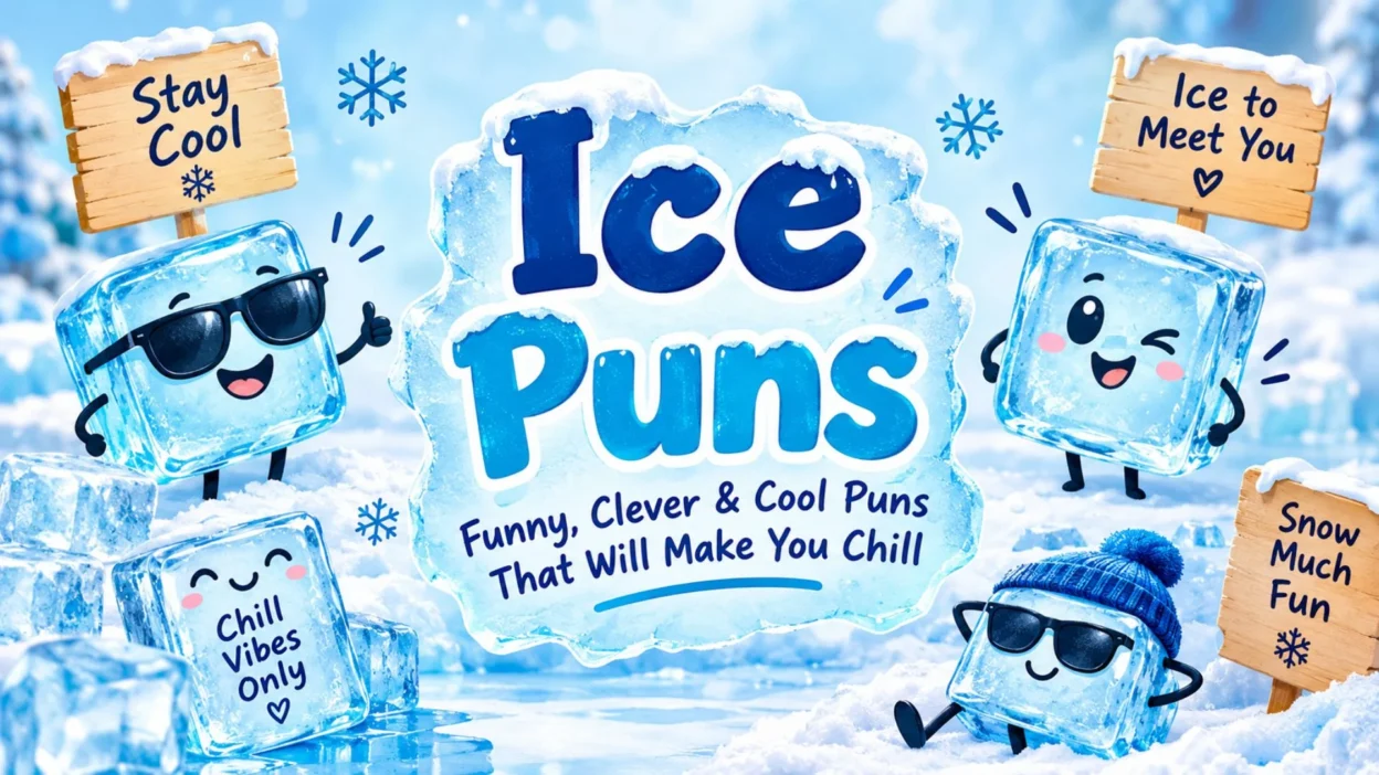Ice puns with funny, clever, and cool winter-themed ice cube characters