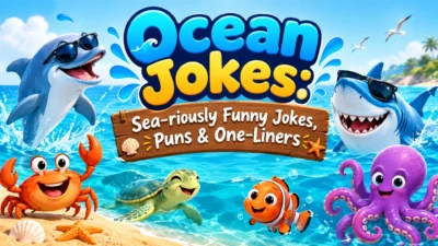 Ocean jokes with funny sea creatures, beach waves, and playful ocean humor banner