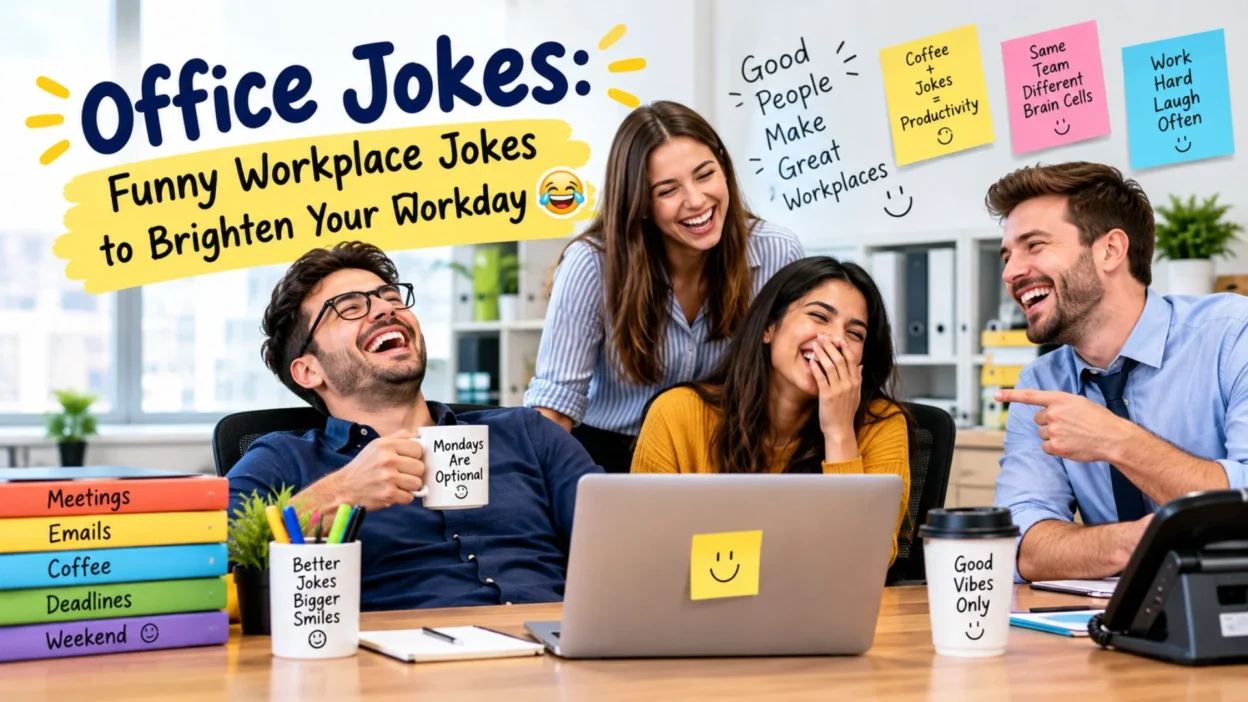 Office jokes and funny workplace humor with laughing coworkers, coffee, meetings, and a cheerful office setting.