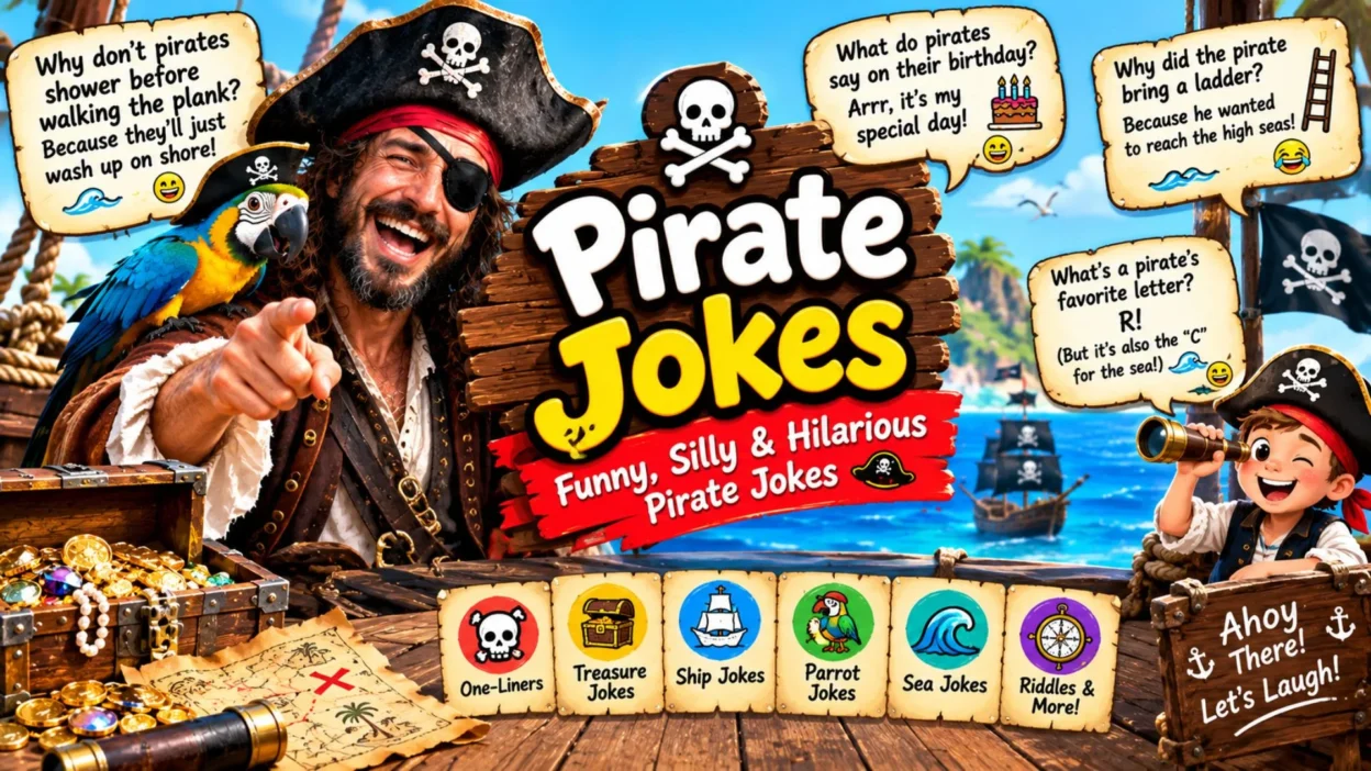 Pirate jokes featuring a funny pirate, parrot, treasure, ship, sea jokes, one-liners, and silly riddles.